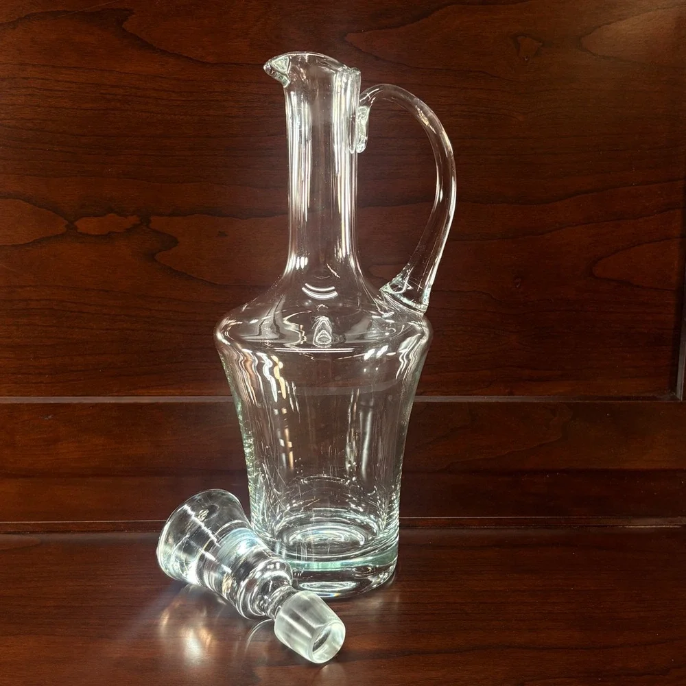 Toscany Hand Made Glass Decanter with Stopper Clear Romania Barware MCM w/ Label